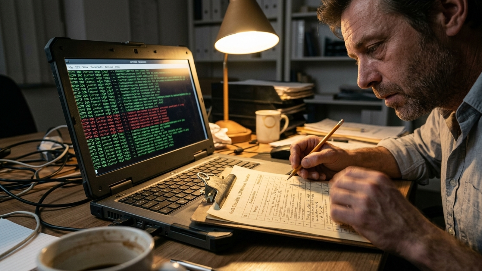 Audit clipboard and laptop displaying edge-log requests beside a prompt-testing record.